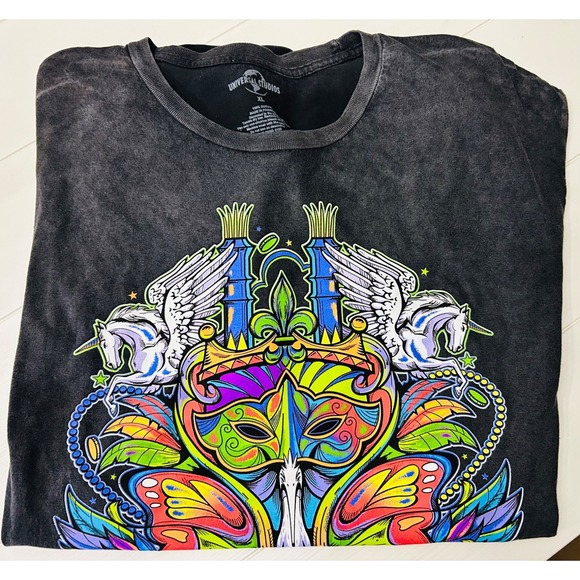 Universal Studios Mardi Gras Pegasus Unicorn XL Black T-Shirt Rare - Picture 1 of 1